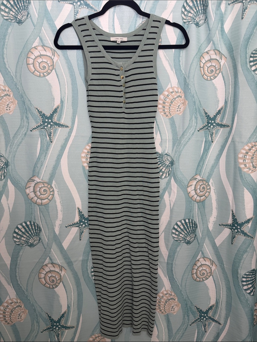 Love Tree Sage Green and Black Striped Sleeveless Knit Dress